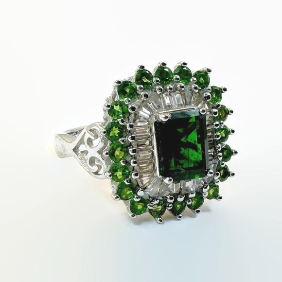 Vintage Chrome Diopside Ring Sterling Silver: White Zircon Green Stones Emerald - Picture 1 of 4